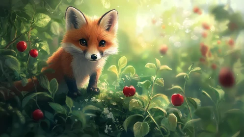 Young red fox in green forest under soft daylight glow.