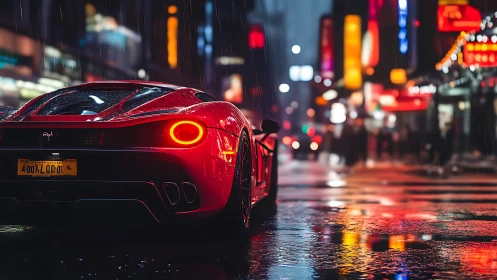 Red sports car sits in rainy neon city street at night