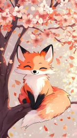 Smiling spring fox rests peacefully among soft cherry blooms