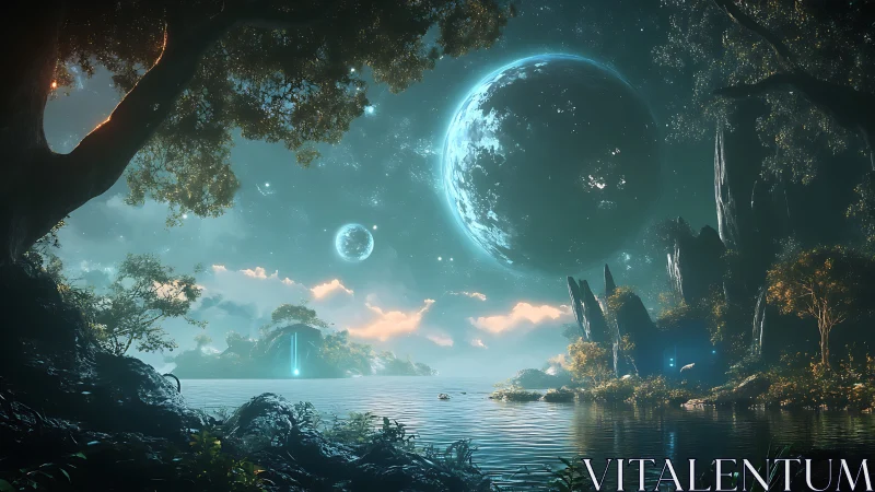 Twin moons glow above a tranquil alien forest lake