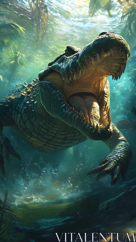 Primordial river titan surging upward in emerald fury.