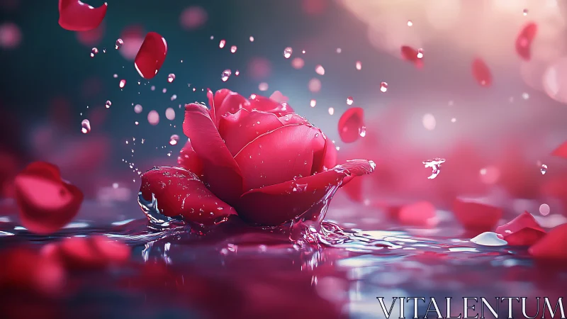 Red Rose Suspended in Cascading Water Drops.