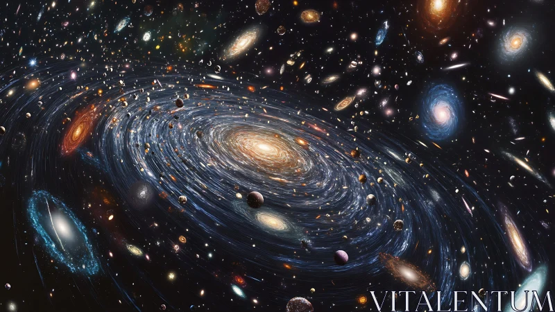 Spiral galactic supercluster vortex with multicolored nebular fields