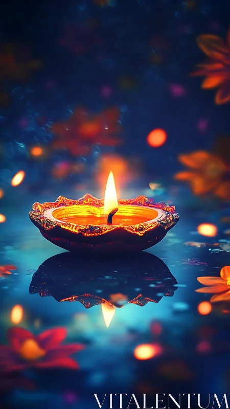 Diya flame reflects over vivid bokeh-lit festival water