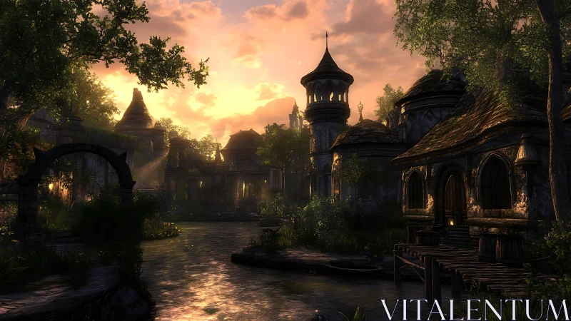 Sunlit riverside fantasy village with stone towers and trees.