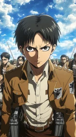 Anime soldiers in brown uniforms under partly cloudy sky.