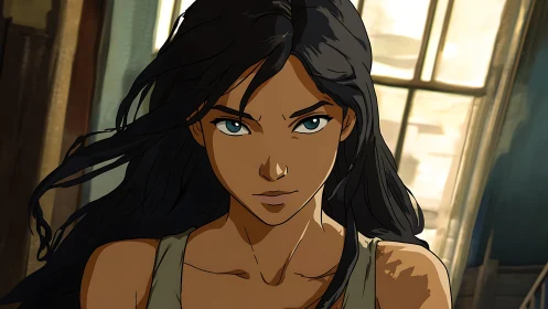 Vector-lined heroine under diffuse backlit window illumination.