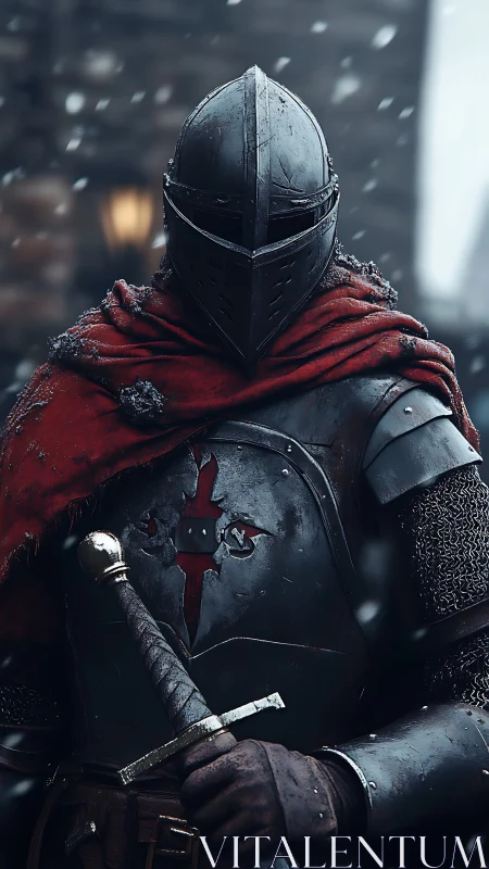 Snow-dimmed crusader cloaked in scarlet and battle scars.