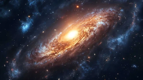 Digital painting of luminous spiral galaxy core in deep space.