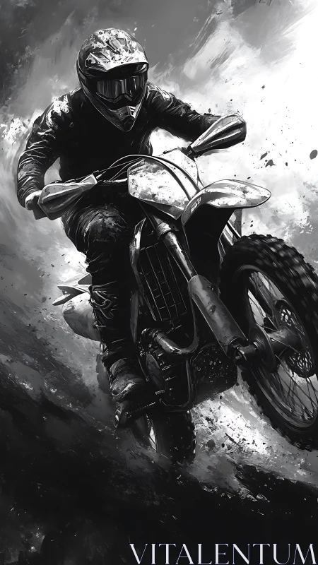 Motocross rider charges through monochrome storm of dirt