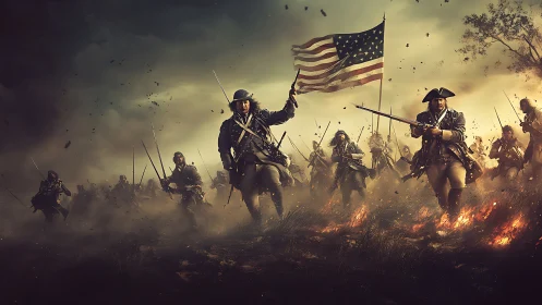 Digital painting of Revolutionary War charge with flag drama.