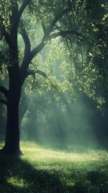Backlit deciduous tree with volumetric sunrays over dewy meadow
