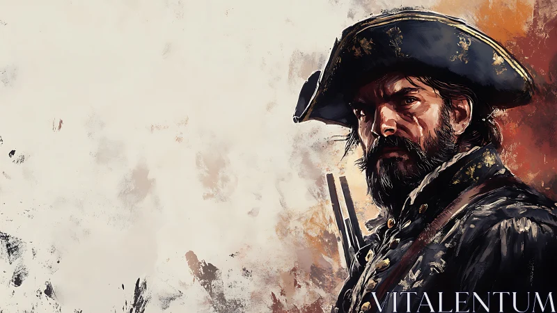 Storm-eyed pirate captain painted in swirling embers and ash.