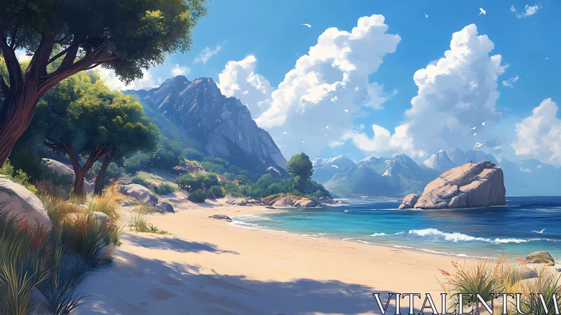 Tropical Beach Cove with Mountain Vista and Dramatic Sky