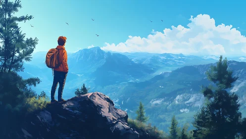 Solo hiker overlooks vast sunlit alpine mountain valley.