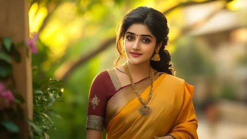 Golden sari glow celebrates gentle beauty in soft sunlight