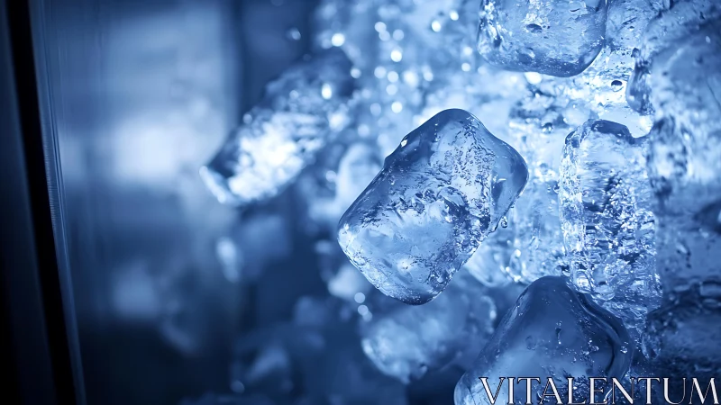 Glowing blue ice cubes float in a chilled abstract closeup.