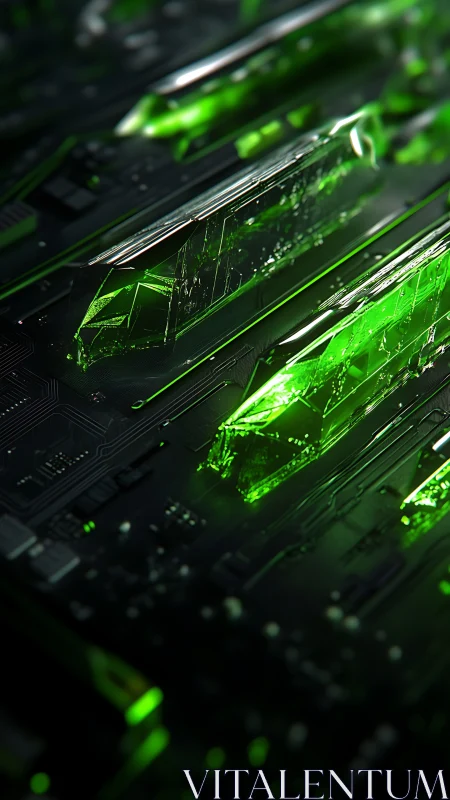 Glowing green crystal circuits pulsing with quiet energy.