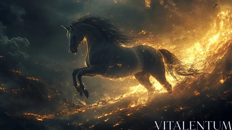 Fiery storm horse charges through glowing embers and night