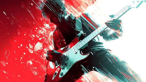 Digital rock guitarist with electric energy bursts.