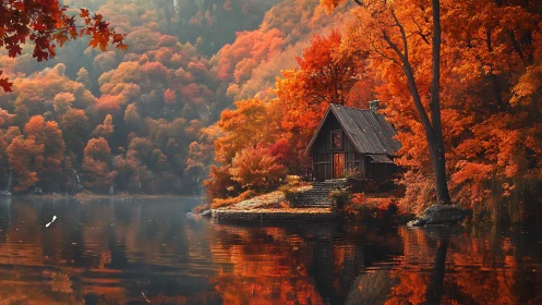 Digital painting of lakeside cabin in dense autumn forestscape.