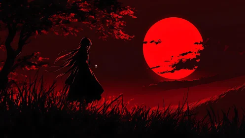 Crimson moonrise silhouettes a lone wanderer in burning dusk.