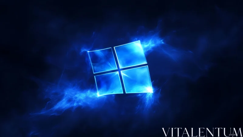 Glowing blue window logo floats in a storm of digital light