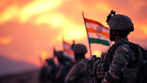 Indian soldiers in sunset formation with national flags raised.