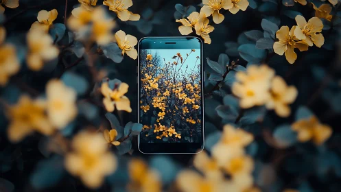 Mobile Device Surrounded by Golden Flowers with Optical Depth.