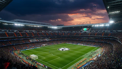 Floodlit football stadium panorama under dramatic sunset sky