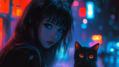 Neon city catgirl with black cat under rain-soaked lights.
