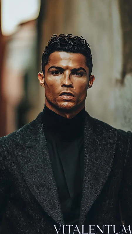 Sharp portrait of suited man in narrow outdoor alleyway.