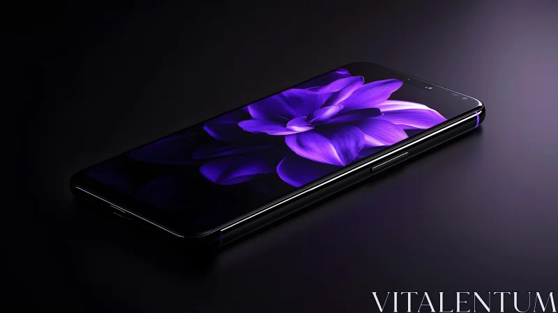 Sleek modern smartphone on dark surface with vivid purple flower display.