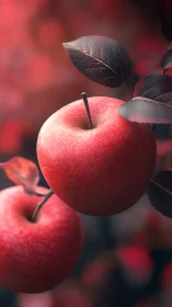 Ripe red apples glowing softly in a dreamy autumn light.