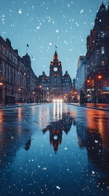 Snowy city boulevard with clocktower reflection at dusk.