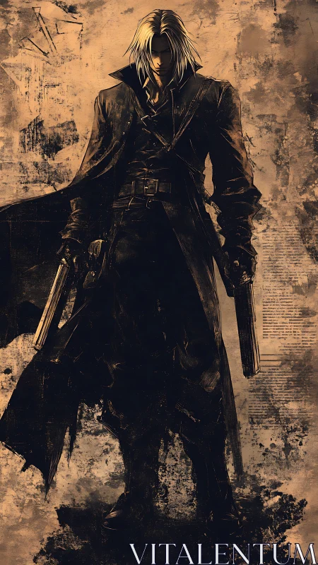 Long-coated gunman stands in grungy monochrome illustration