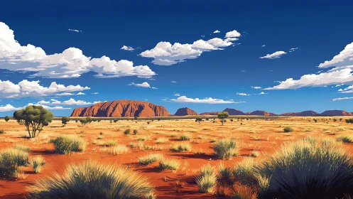 Red desert plain frames distant sandstone monolith under sky