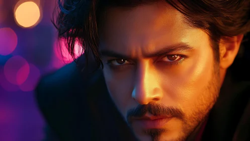 Brooding portrait in warm neon city glow at night.