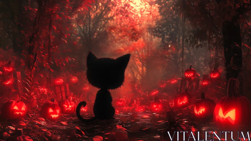 Black Cat Silhouette in Jack-O-Lantern Forest.