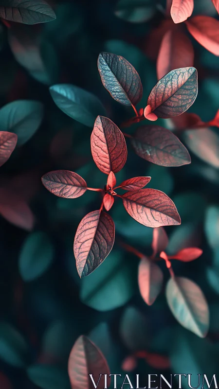 Close view of small leaves with teal and red lighting.
