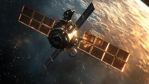 Solar satellite glows in low Earth orbit at golden sunrise.