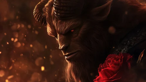 Horned beast portrait glows within embers and crimson rose.