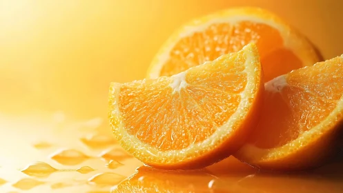 Glowing orange slices rest on glossy surface in warm light