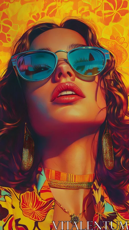 Sunlit summer muse in bold sunglasses and golden glow.