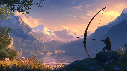 Solitary archer draws bow beside tranquil alpine lake at dusk