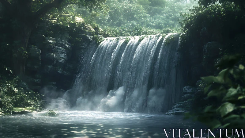 Dense forest waterfall over rock ledge into calm pool.