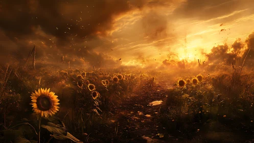 Storm-kissed sunflowers guarding a blazing farewell sky.