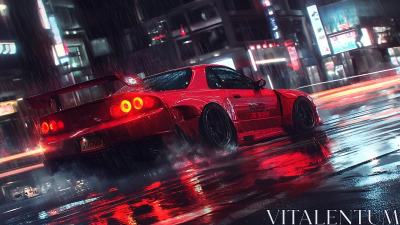 Neon-lit tuner car drifts through rainy cybercity streets.