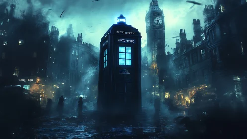 Blue police call box in dystopian foggy London street at night