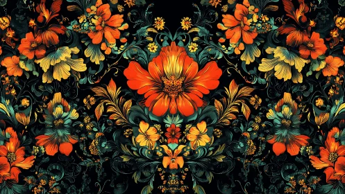 Radiant orange blossoms bloom across dark floral tapestry.